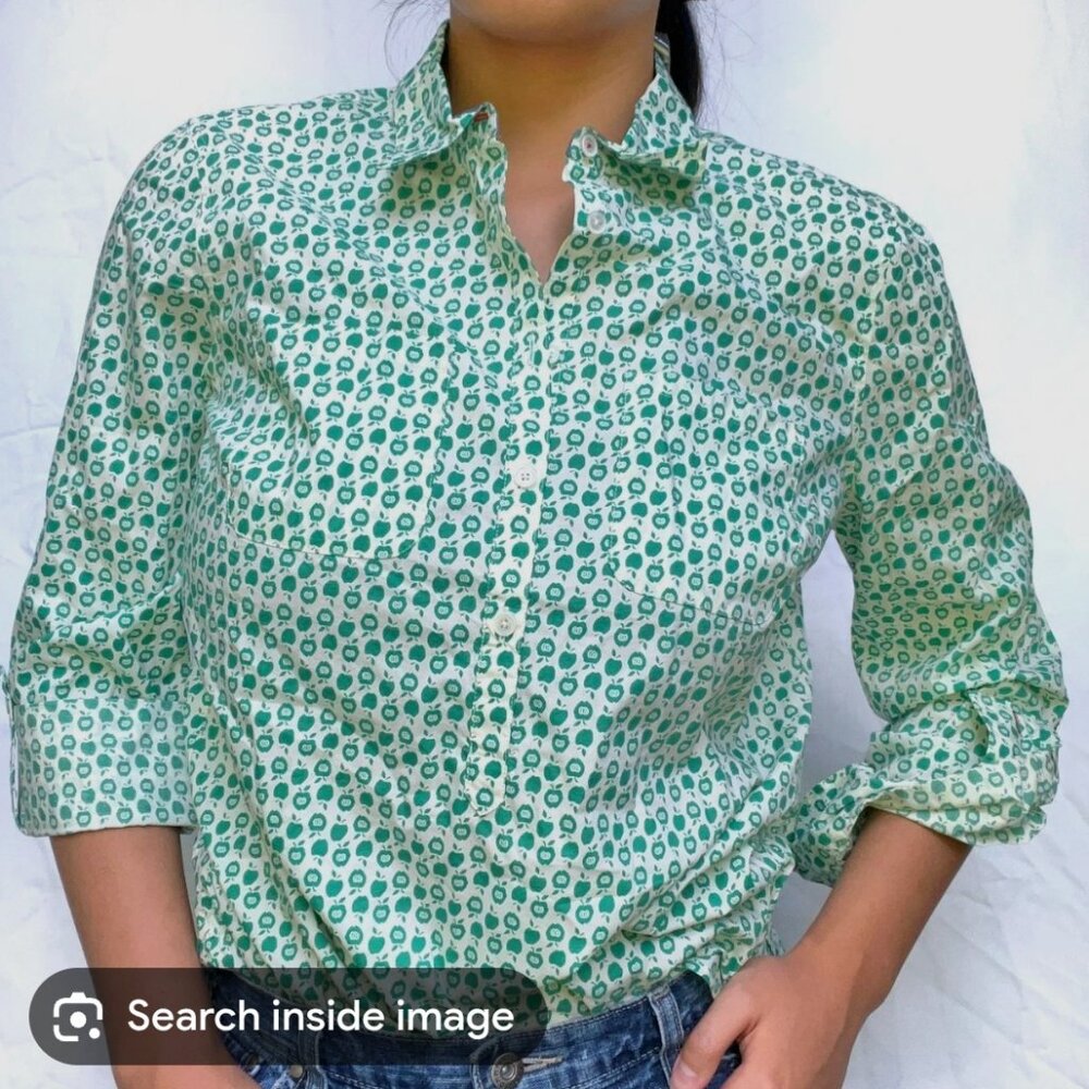 Talbots Petites Womens Green Apple Pattern Half Button Down Cotton Blouse SZ 16p